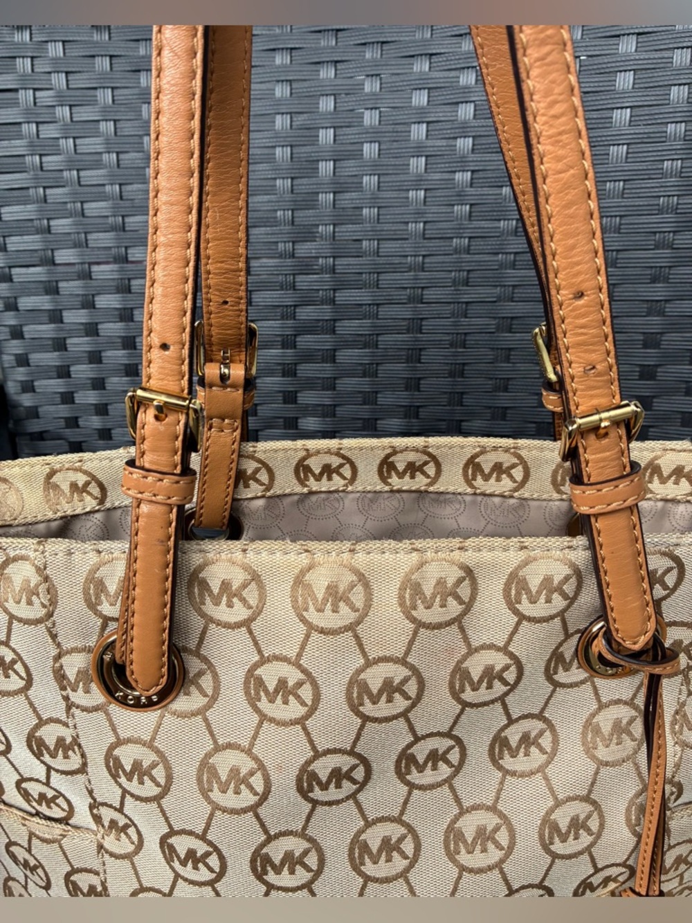 Michael Kors Tan Beige MK Logo Canvas Tote with Leather Straps - Picture 14 of 16